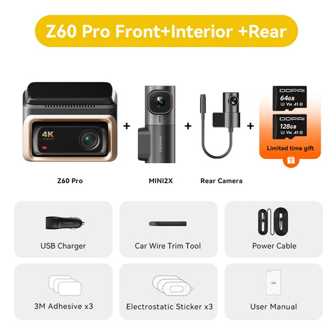 2025 New DDPAI Z60 Pro 4K Dash Cam Support Rear and Interior Car Camera SONY STARVIS2 678 Sensor  5GHz Wi-Fi ADAS 4G DVR