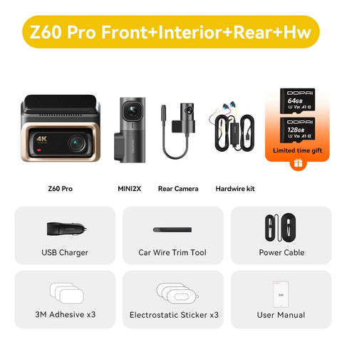 2025 New DDPAI Z60 Pro 4K Dash Cam Support Rear and Interior Car Camera SONY STARVIS2 678 Sensor  5GHz Wi-Fi ADAS 4G DVR